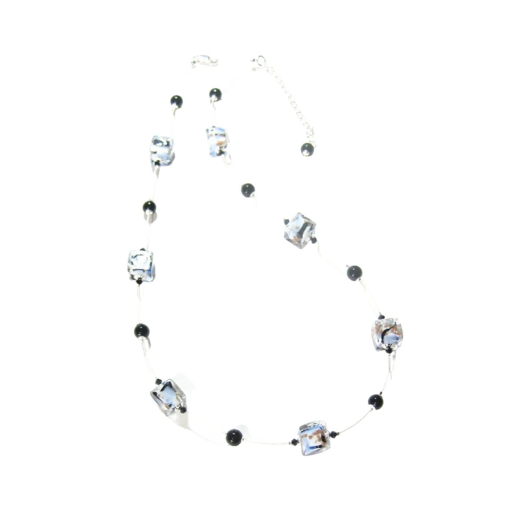 Murano Glass Blue White Swirl Cube Silver Necklace