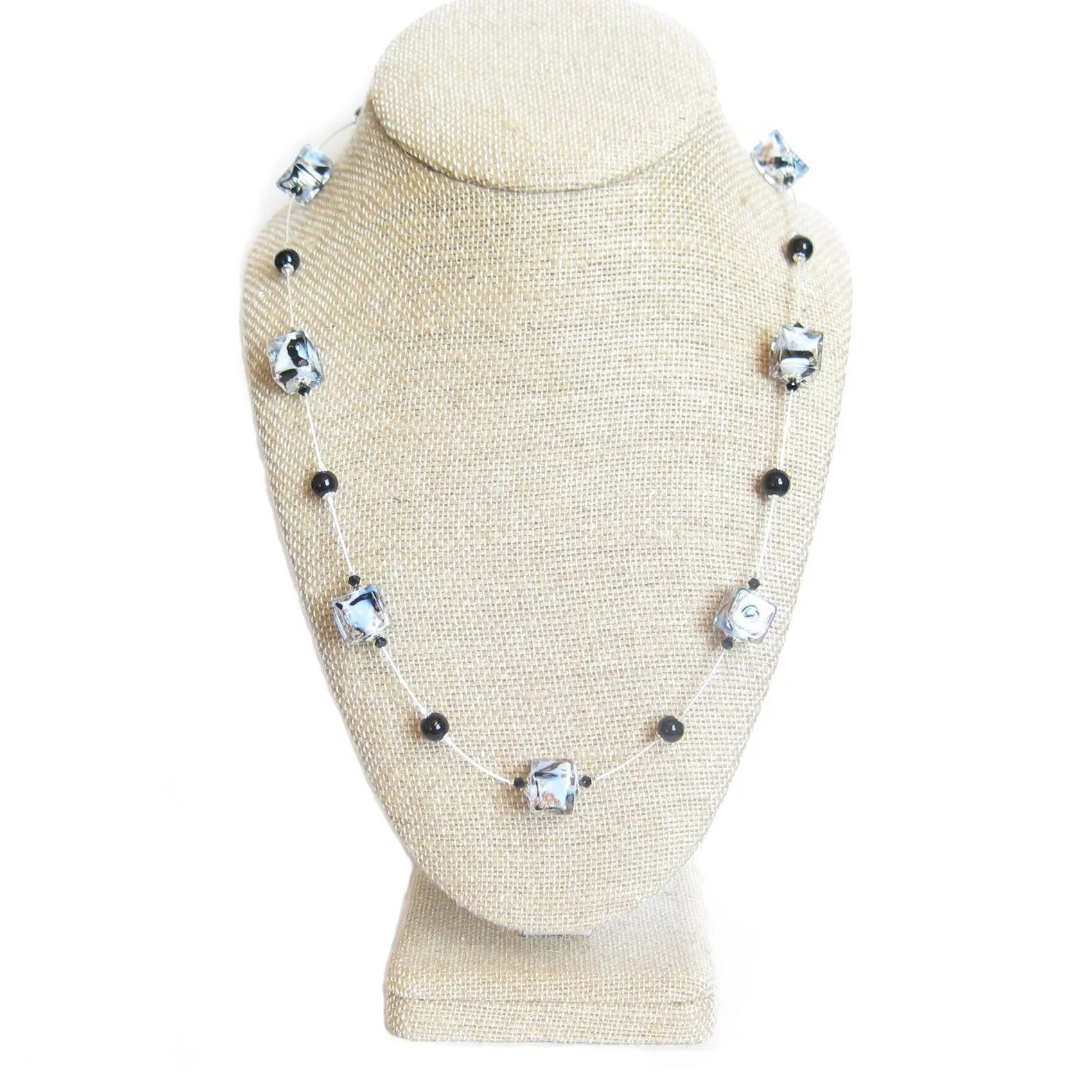 Murano Glass Blue White Swirl Cube Silver Necklace