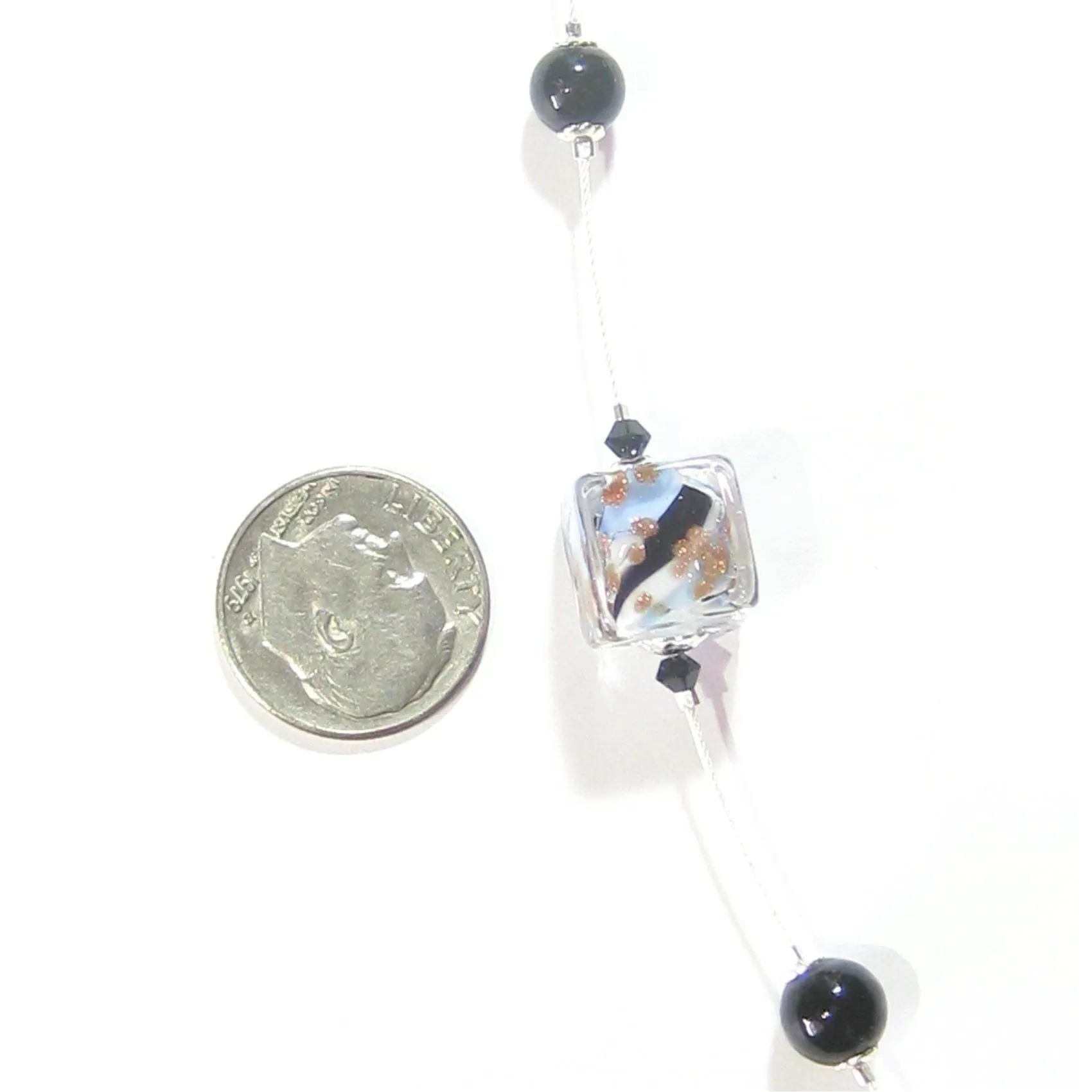 Murano Glass Blue White Swirl Cube Silver Necklace