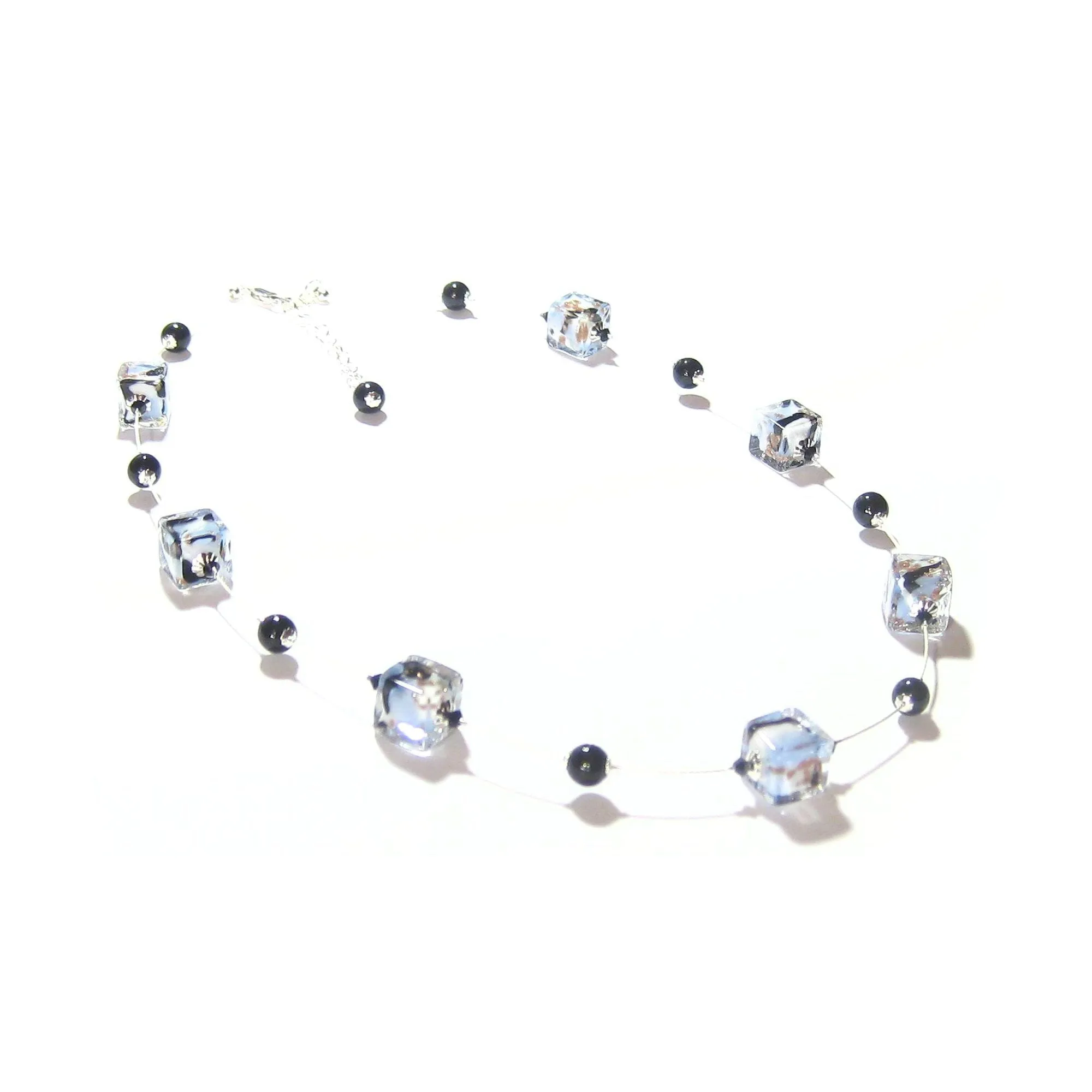 Murano Glass Blue White Swirl Cube Silver Necklace