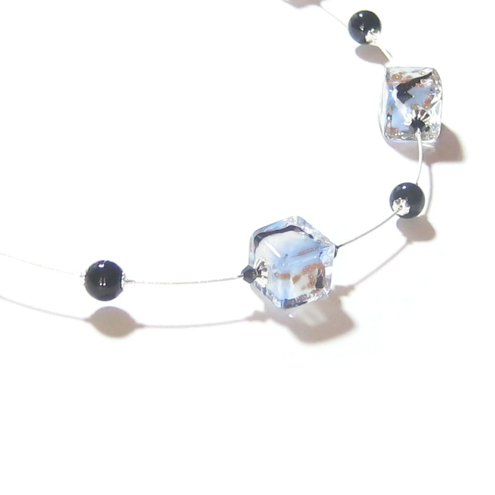 Murano Glass Blue White Swirl Cube Silver Necklace