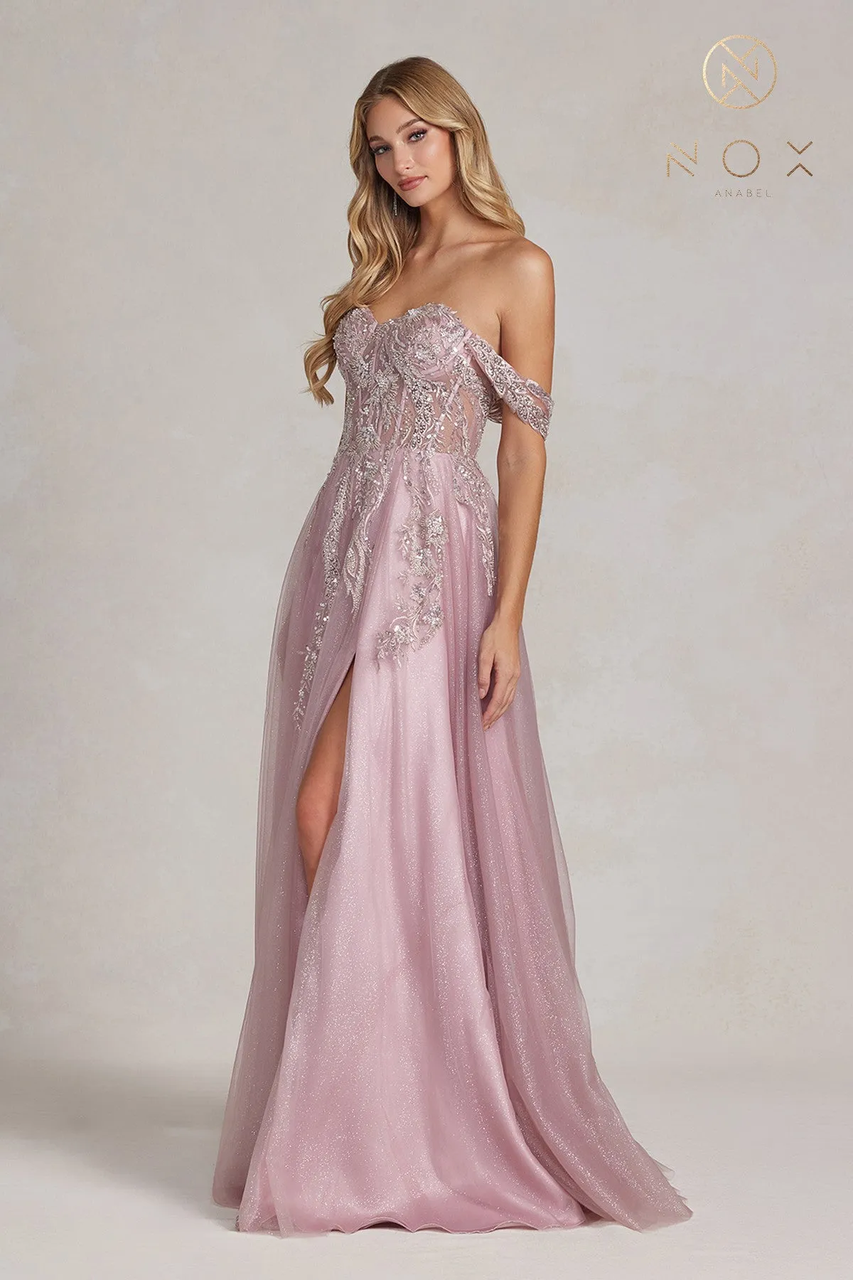N E1128 - A-Line Floral Applique Boned Bodice Prom Gown with Off Shoulder Straps & Leg Slit