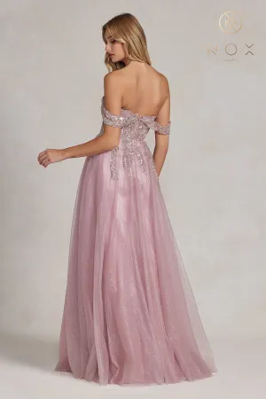 N E1128 - A-Line Floral Applique Boned Bodice Prom Gown with Off Shoulder Straps & Leg Slit