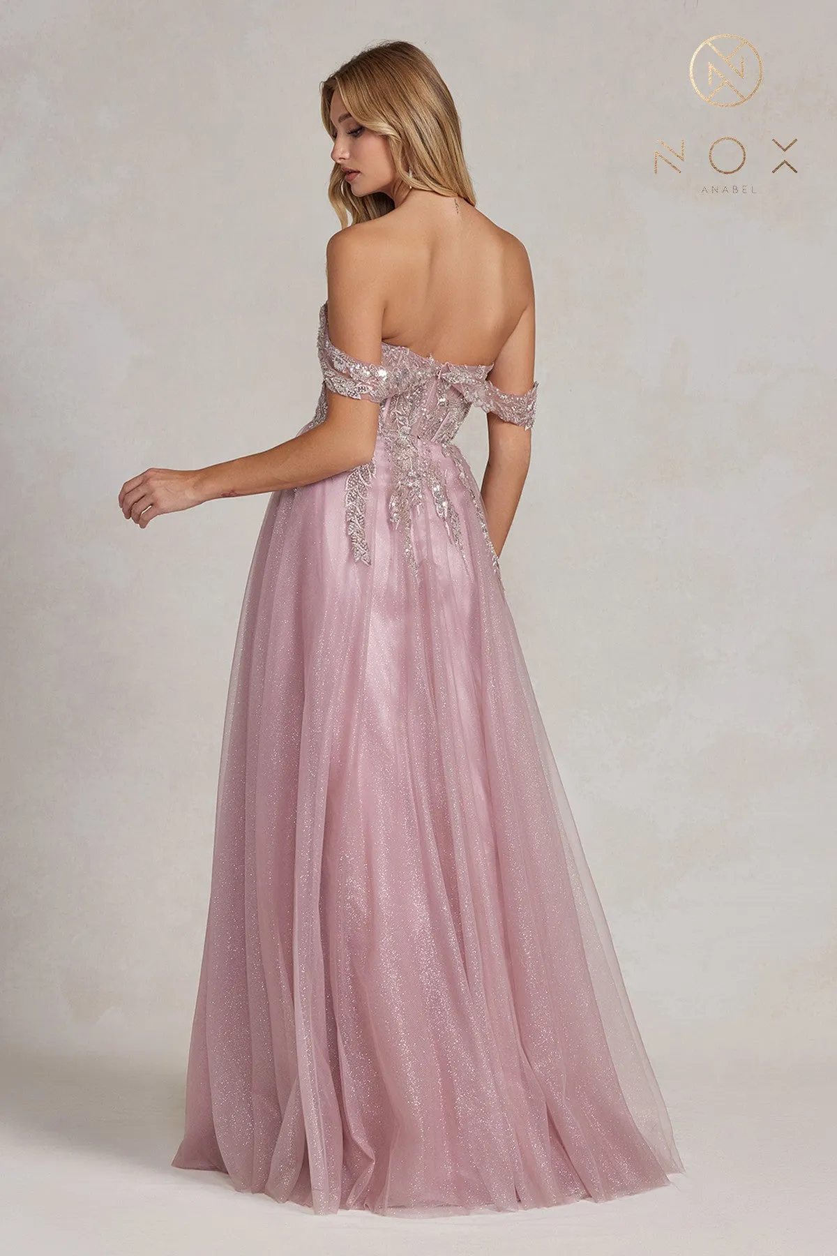 N E1128 - A-Line Floral Applique Boned Bodice Prom Gown with Off Shoulder Straps & Leg Slit