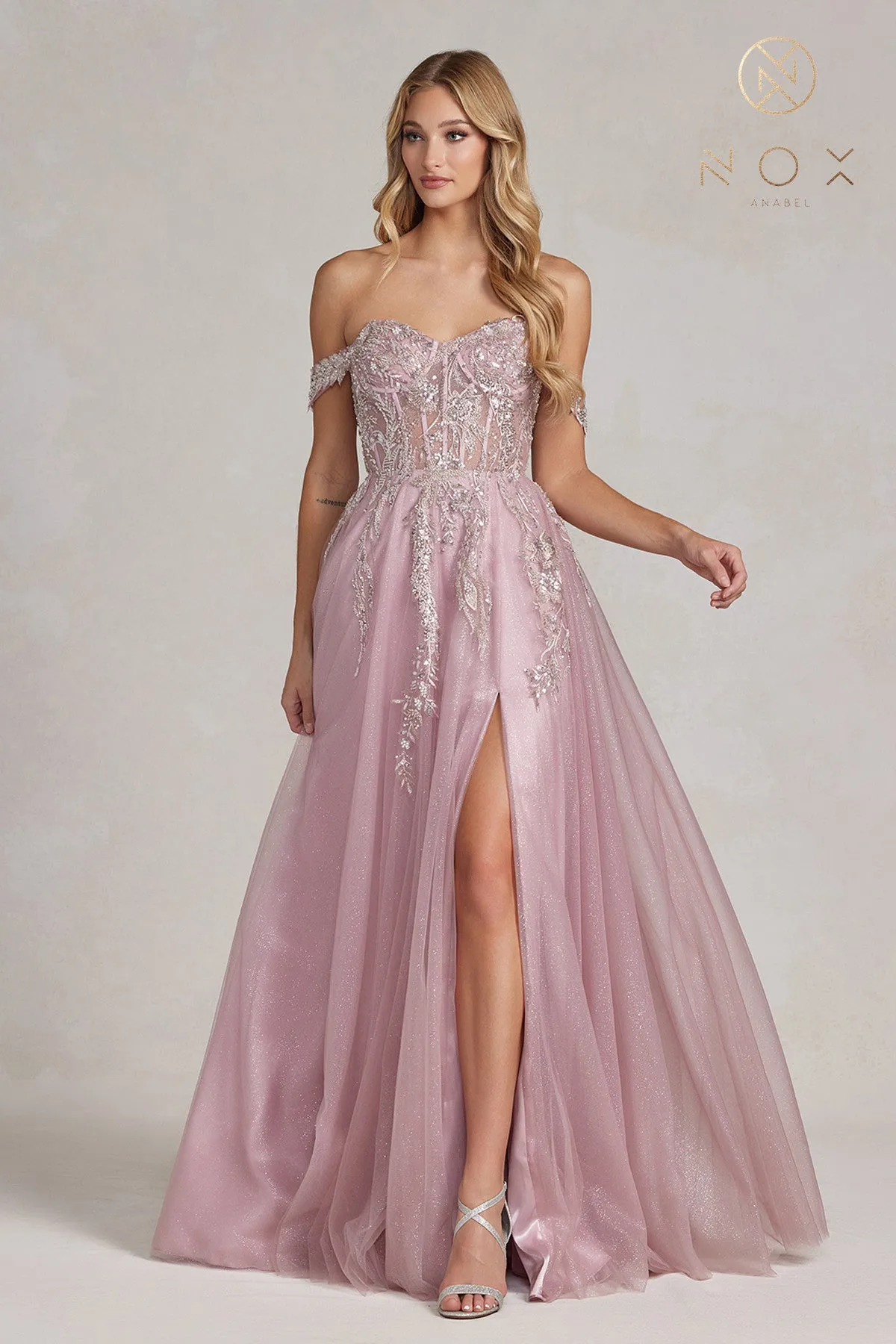 N E1128 - A-Line Floral Applique Boned Bodice Prom Gown with Off Shoulder Straps & Leg Slit