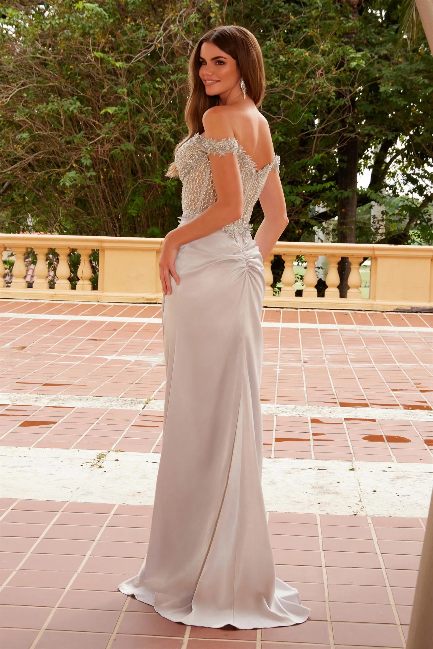 N F1572 - Off the Shoulder Stretch Satin Fit & Flare Prom Gown with Sheer Beaded Bodice & Leg Slit