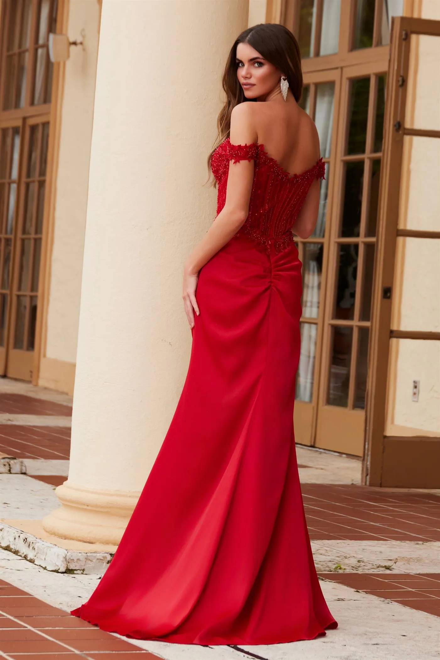 N F1572 - Off the Shoulder Stretch Satin Fit & Flare Prom Gown with Sheer Beaded Bodice & Leg Slit