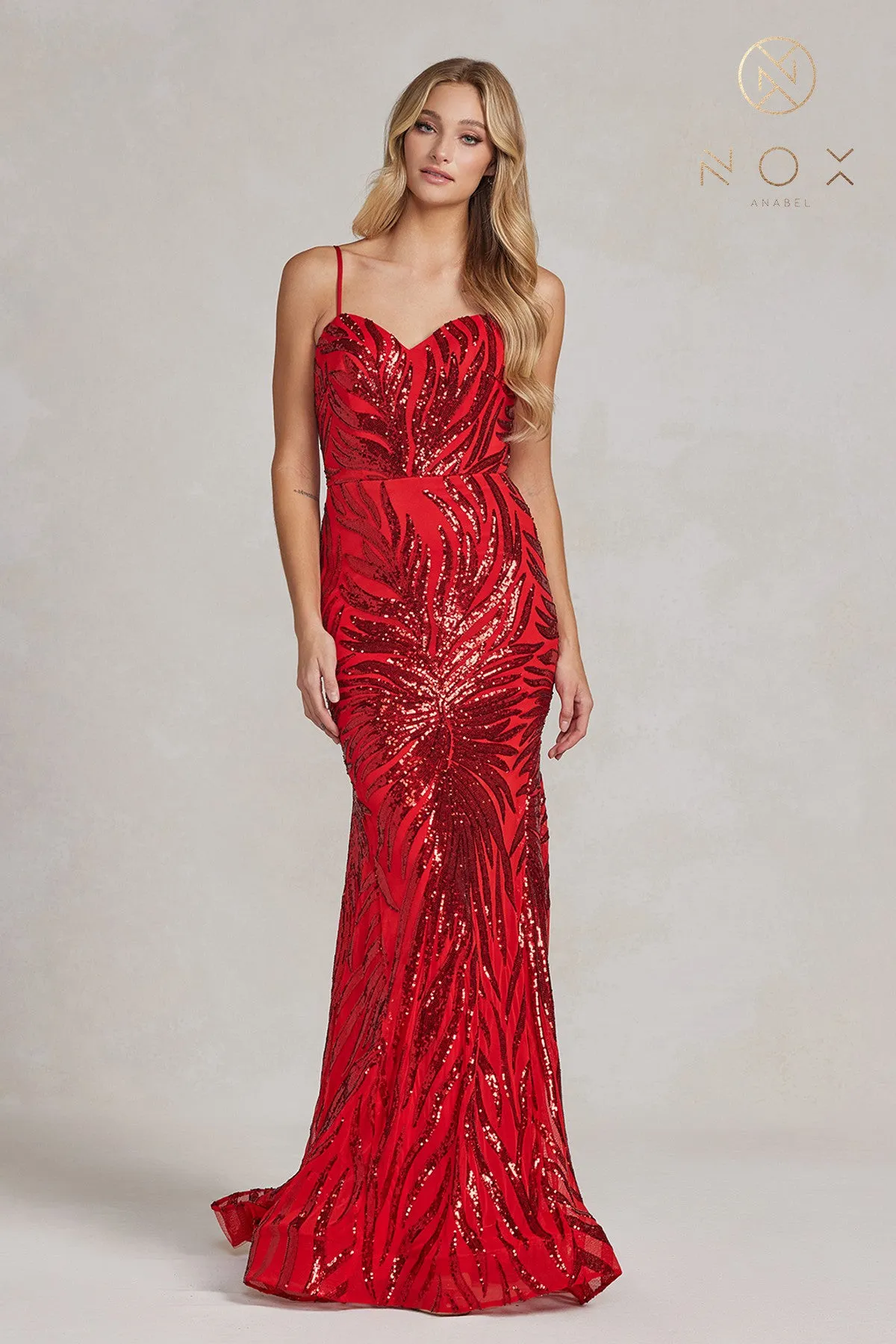 N R1072 - Iridescent Patterned Sequin Fit & Flare Prom Gown with V-Neck