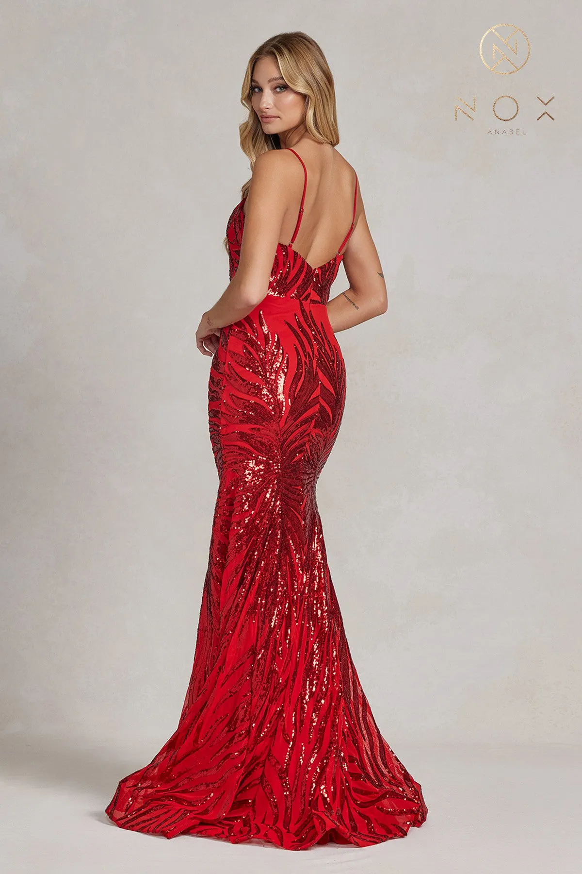 N R1072 - Iridescent Patterned Sequin Fit & Flare Prom Gown with V-Neck