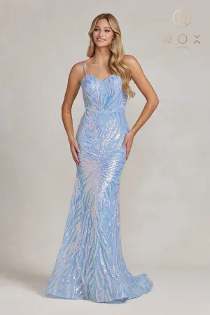 N R1072 - Iridescent Patterned Sequin Fit & Flare Prom Gown with V-Neck
