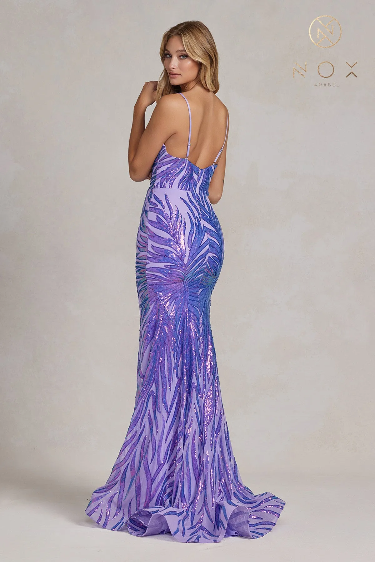 N R1072 - Iridescent Patterned Sequin Fit & Flare Prom Gown with V-Neck
