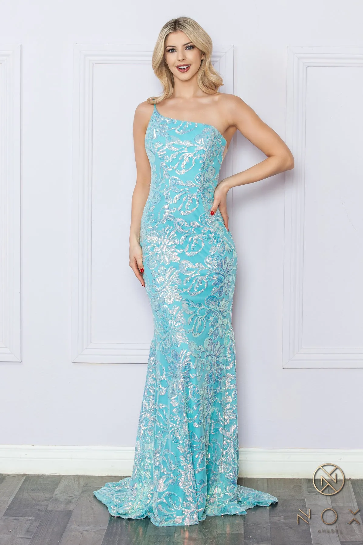 N R1308 - One Shoulder Printed Iridescent Sequin Fit & Flare Prom Gown with Sheer Underarms