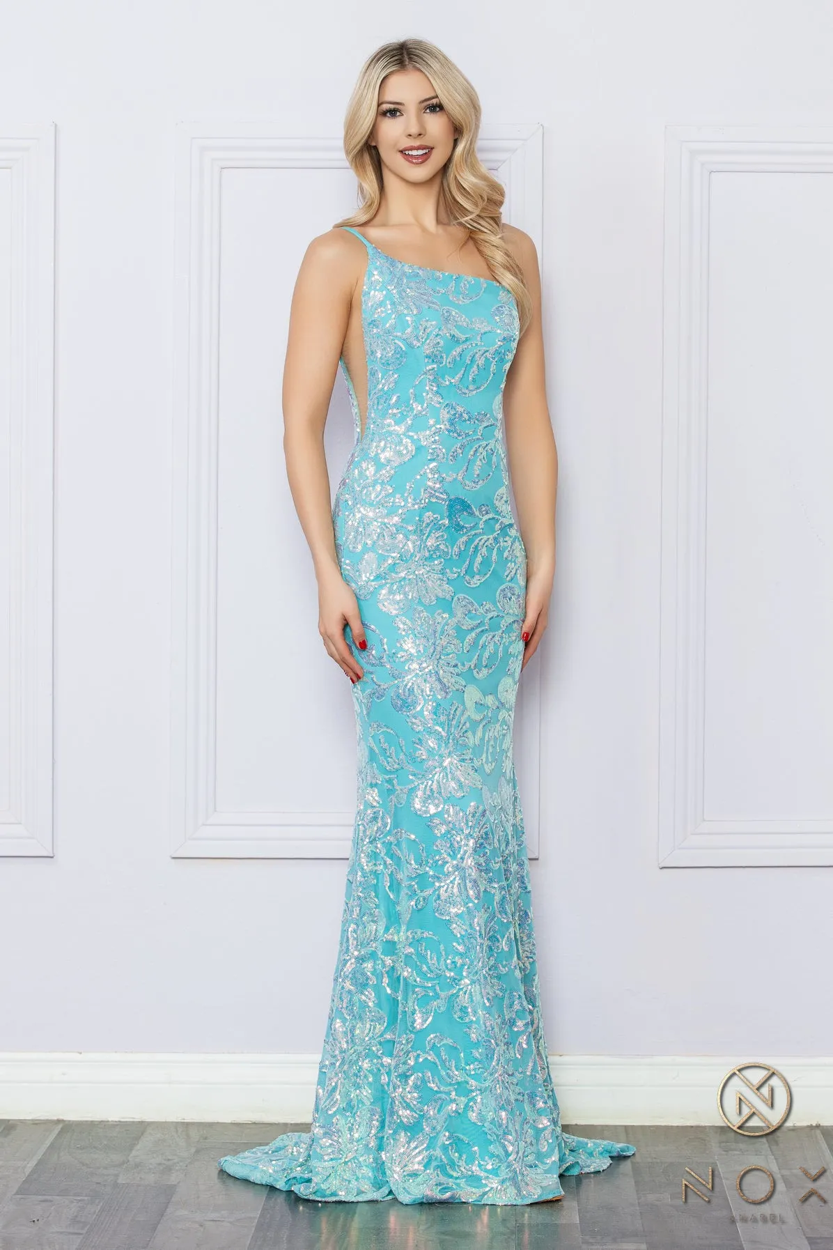 N R1308 - One Shoulder Printed Iridescent Sequin Fit & Flare Prom Gown with Sheer Underarms