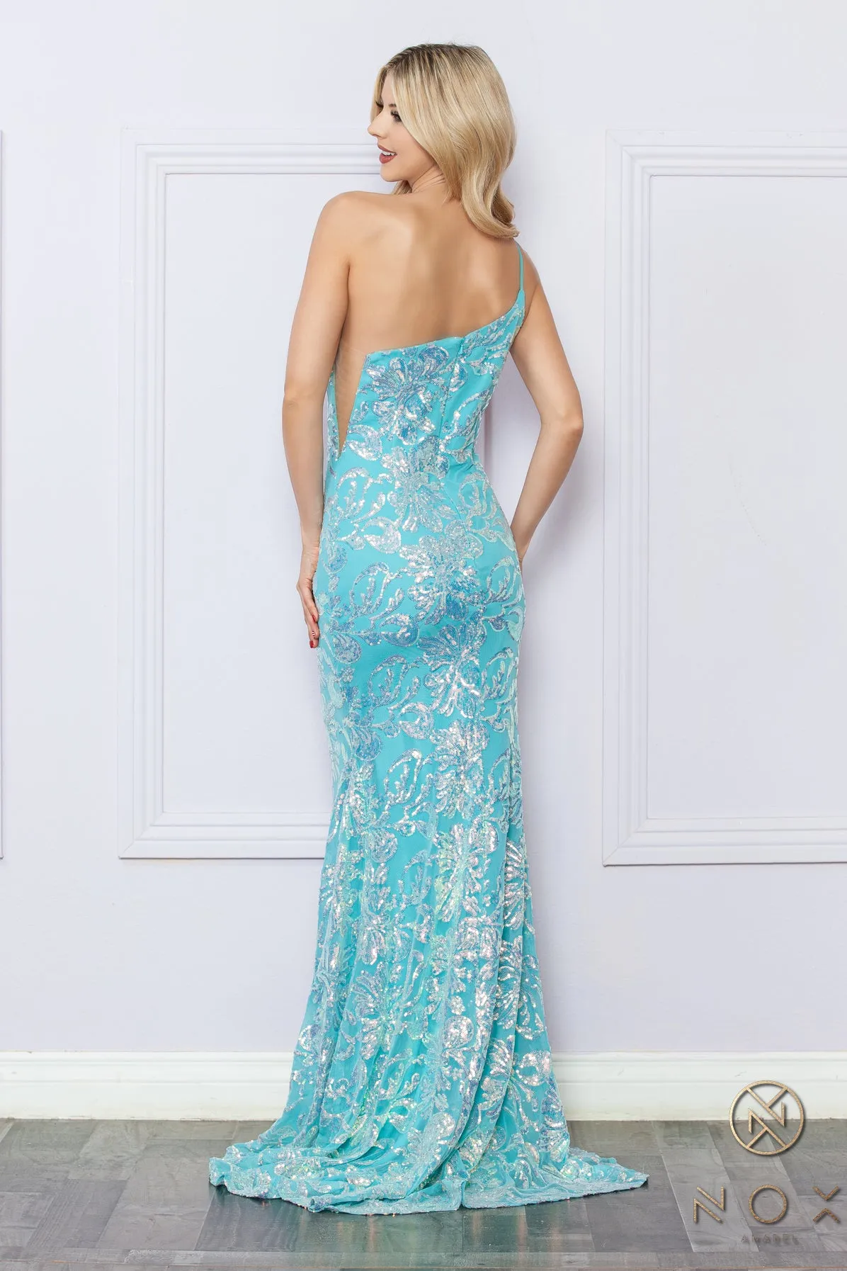 N R1308 - One Shoulder Printed Iridescent Sequin Fit & Flare Prom Gown with Sheer Underarms