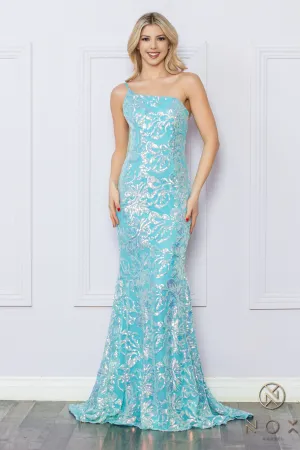 N R1308 - One Shoulder Printed Iridescent Sequin Fit & Flare Prom Gown with Sheer Underarms