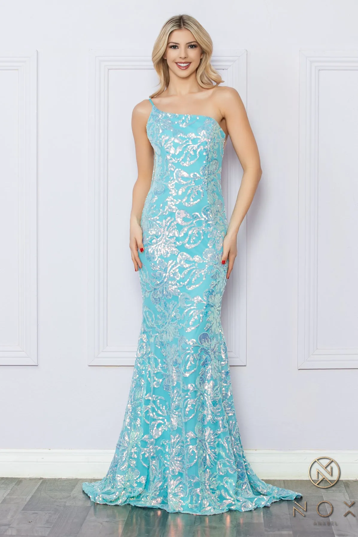 N R1308 - One Shoulder Printed Iridescent Sequin Fit & Flare Prom Gown with Sheer Underarms