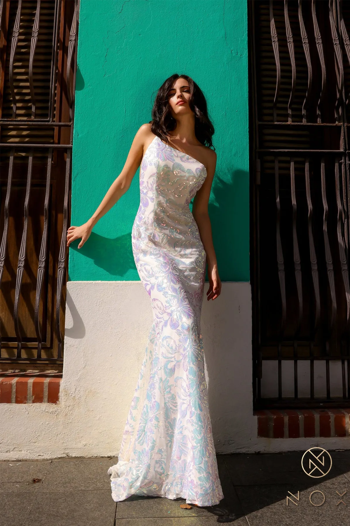 N R1308 - One Shoulder Printed Iridescent Sequin Fit & Flare Prom Gown with Sheer Underarms