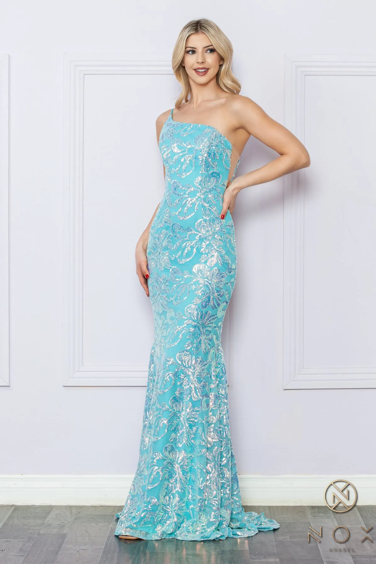 N R1308 - One Shoulder Printed Iridescent Sequin Fit & Flare Prom Gown with Sheer Underarms