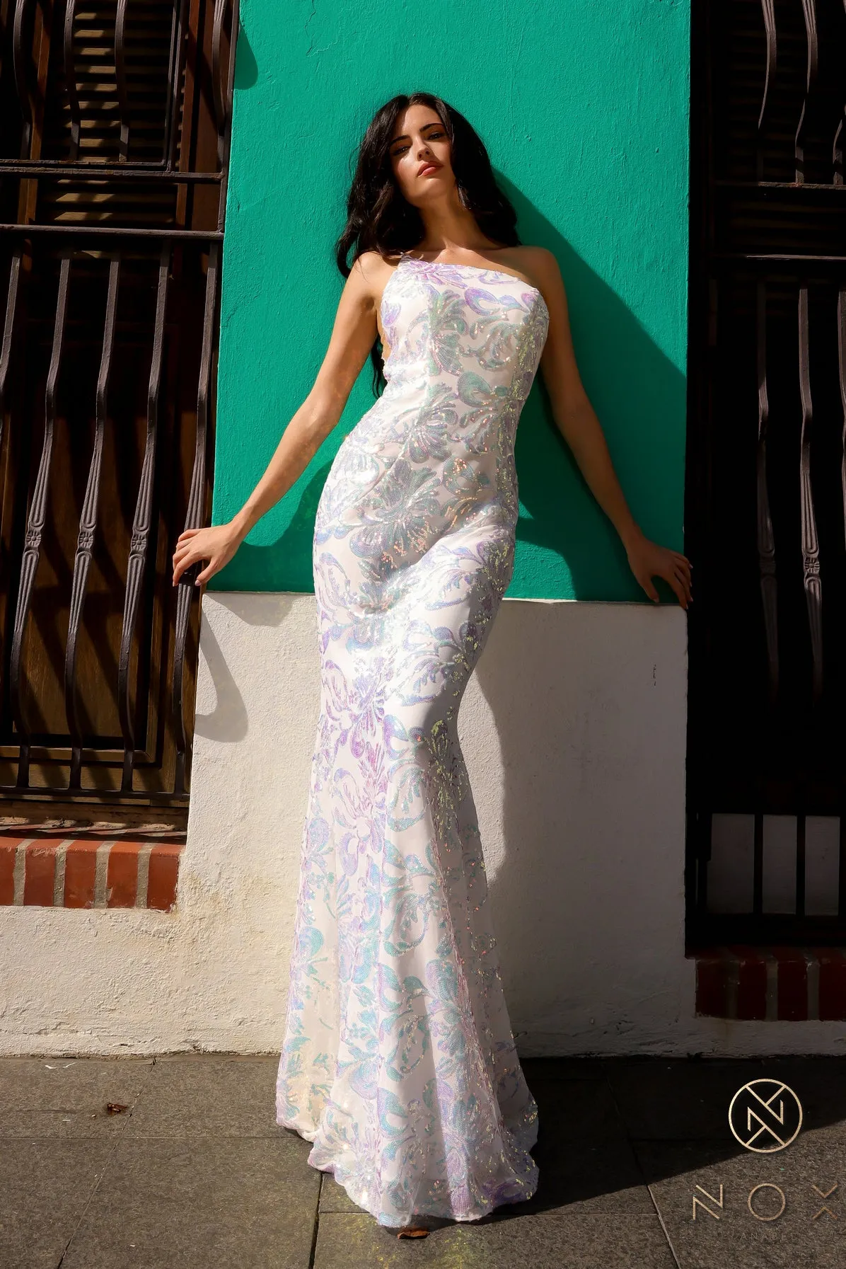 N R1308 - One Shoulder Printed Iridescent Sequin Fit & Flare Prom Gown with Sheer Underarms