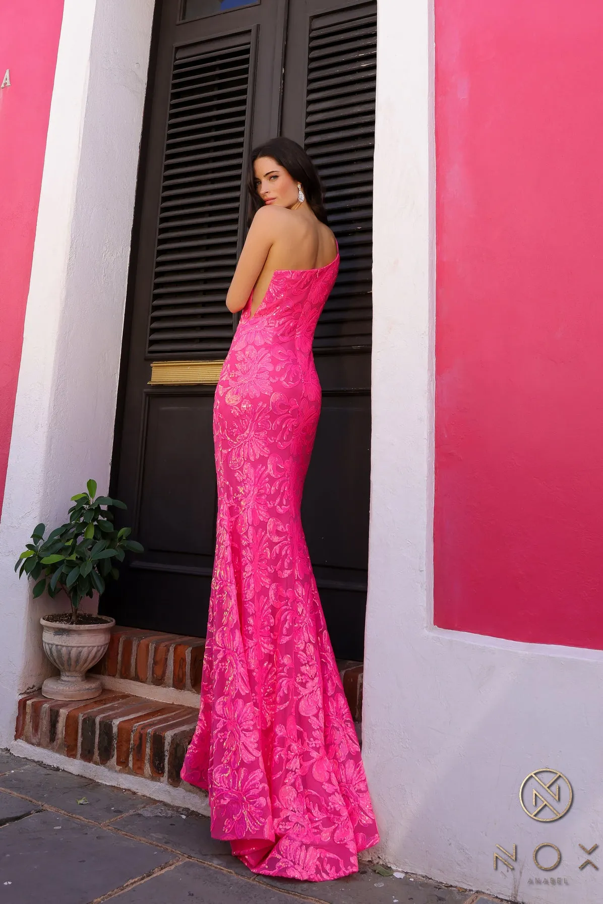 N R1308 - One Shoulder Printed Iridescent Sequin Fit & Flare Prom Gown with Sheer Underarms