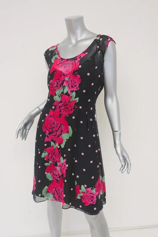 Nanette Lepore Dress Black Tea Rose Printed Silk Size 12 Sleeveless NEW