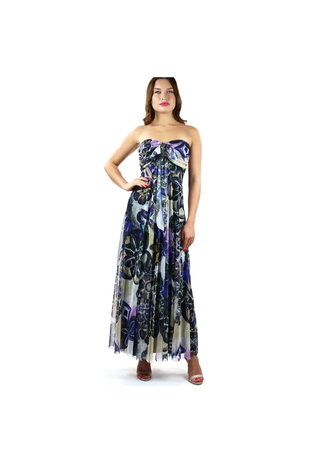 NEEVA Long Strapless Flared Empire Mesh Print Dress