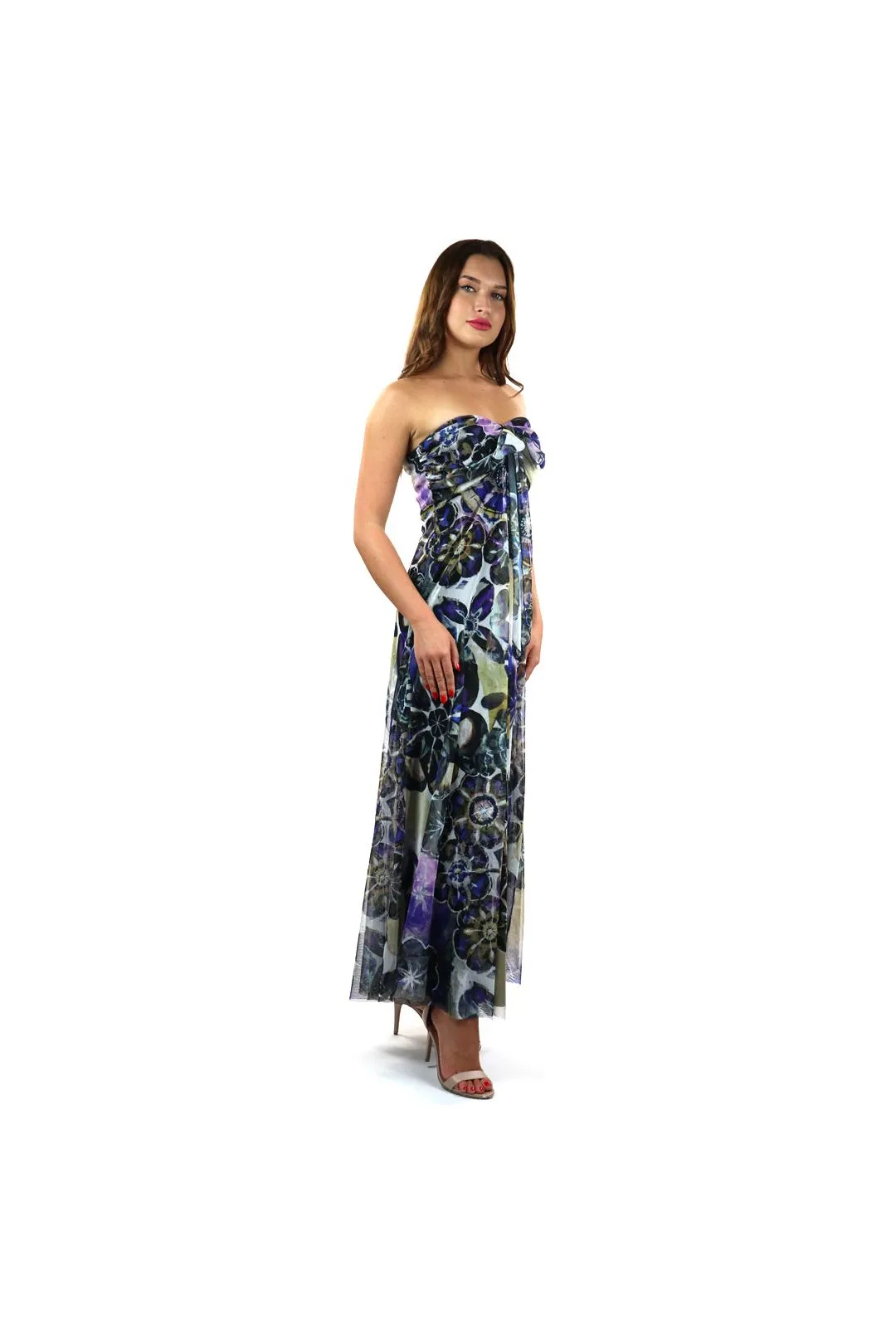 NEEVA Long Strapless Flared Empire Mesh Print Dress