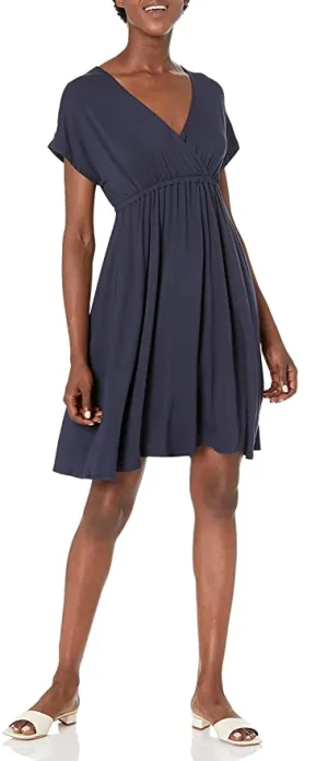 New Amazon Essentials Women's Solid Surplice Dress in Navy, sz M