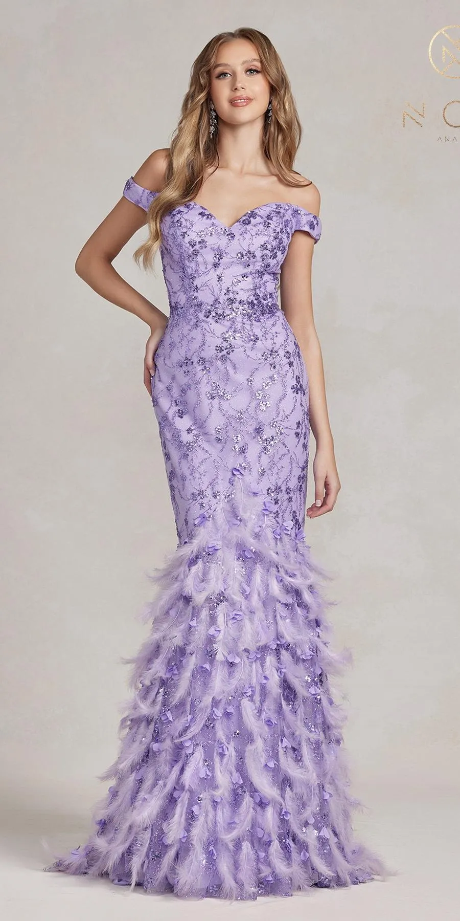 Nox Anabel C1106 Long Mermaid Off the Shoulder Gown with Feathers