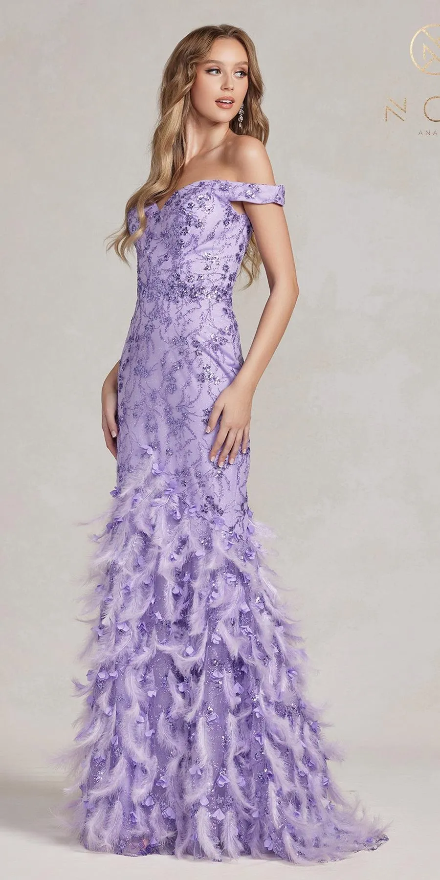 Nox Anabel C1106 Long Mermaid Off the Shoulder Gown with Feathers