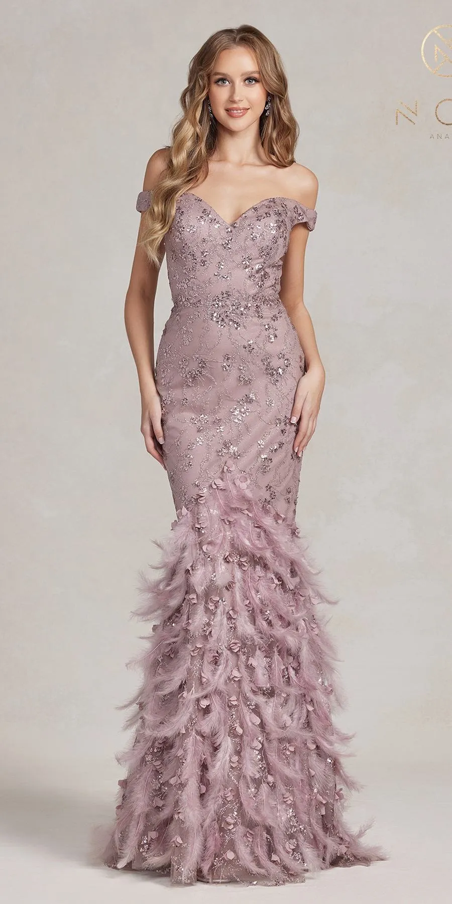 Nox Anabel C1106 Long Mermaid Off the Shoulder Gown with Feathers