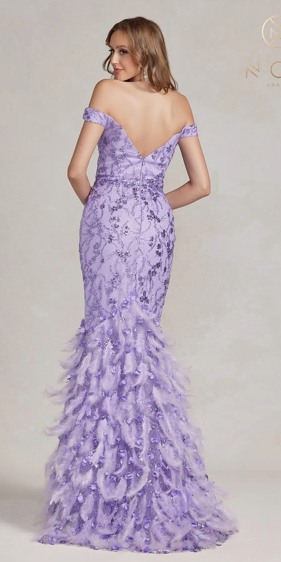 Nox Anabel C1106 Long Mermaid Off the Shoulder Gown with Feathers