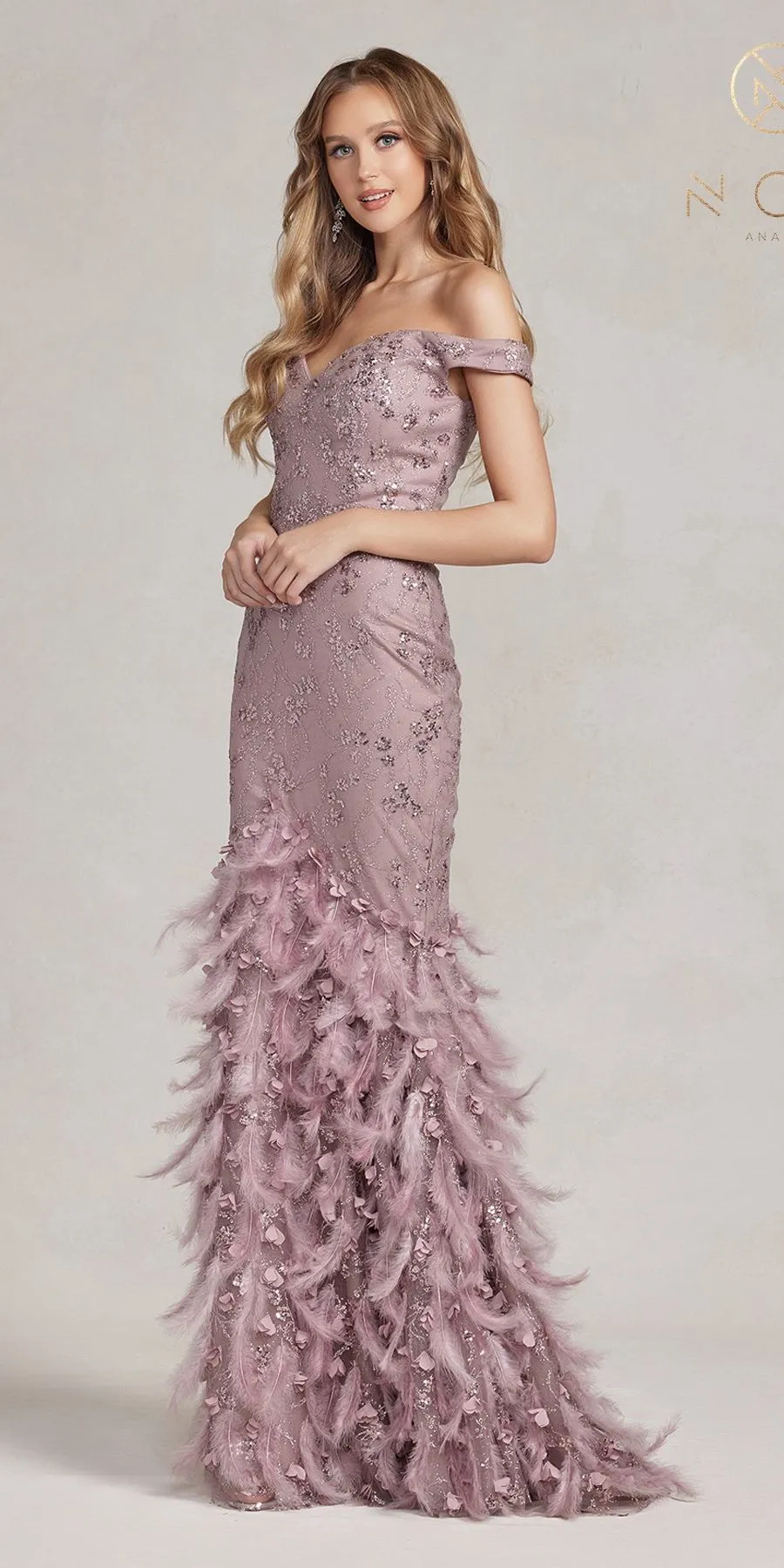 Nox Anabel C1106 Long Mermaid Off the Shoulder Gown with Feathers