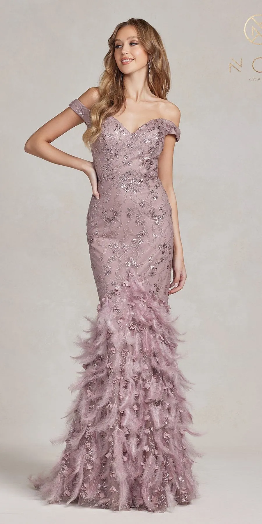Nox Anabel C1106 Long Mermaid Off the Shoulder Gown with Feathers