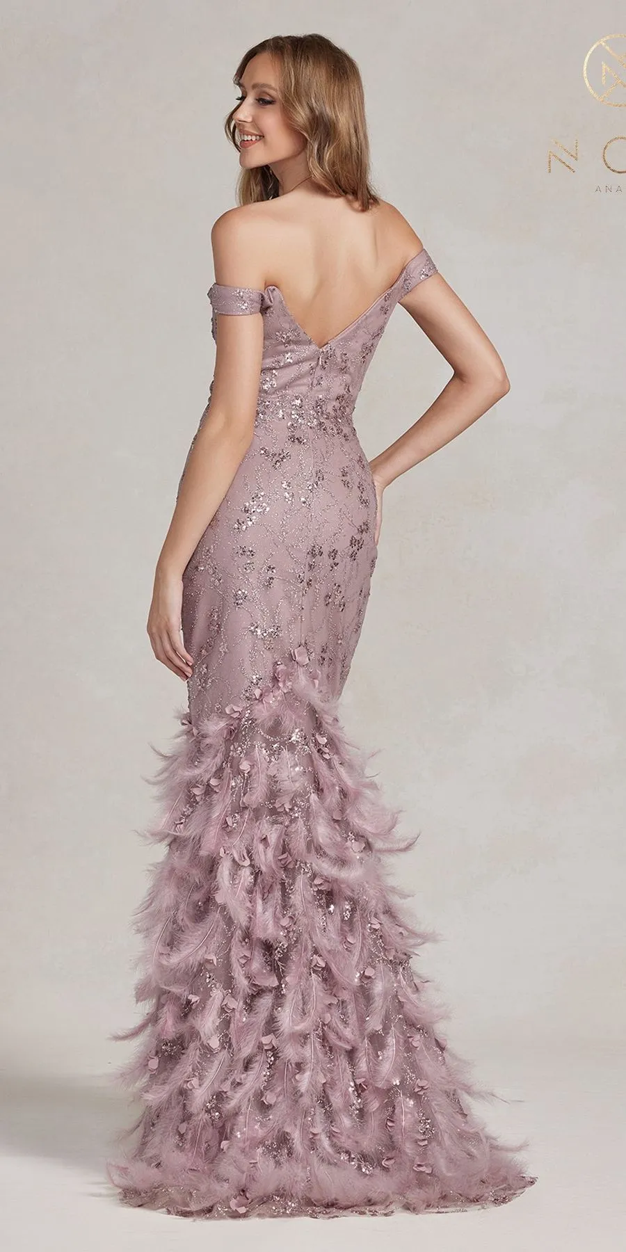 Nox Anabel C1106 Long Mermaid Off the Shoulder Gown with Feathers