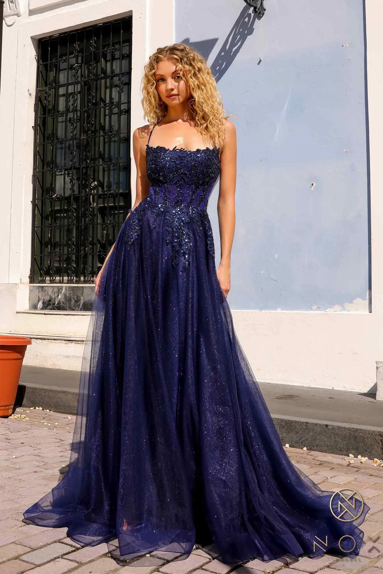 Nox Anabel G1405 Long A-Line Glitter Tulle Square Neck Open Back Ball Gown