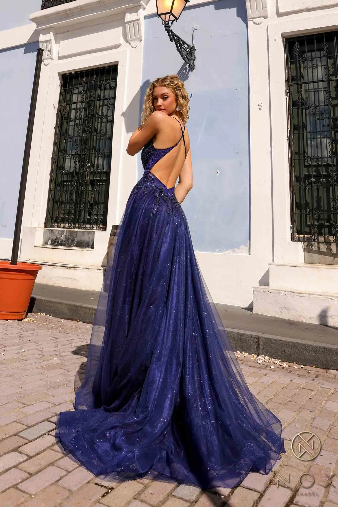 Nox Anabel G1405 Long A-Line Glitter Tulle Square Neck Open Back Ball Gown
