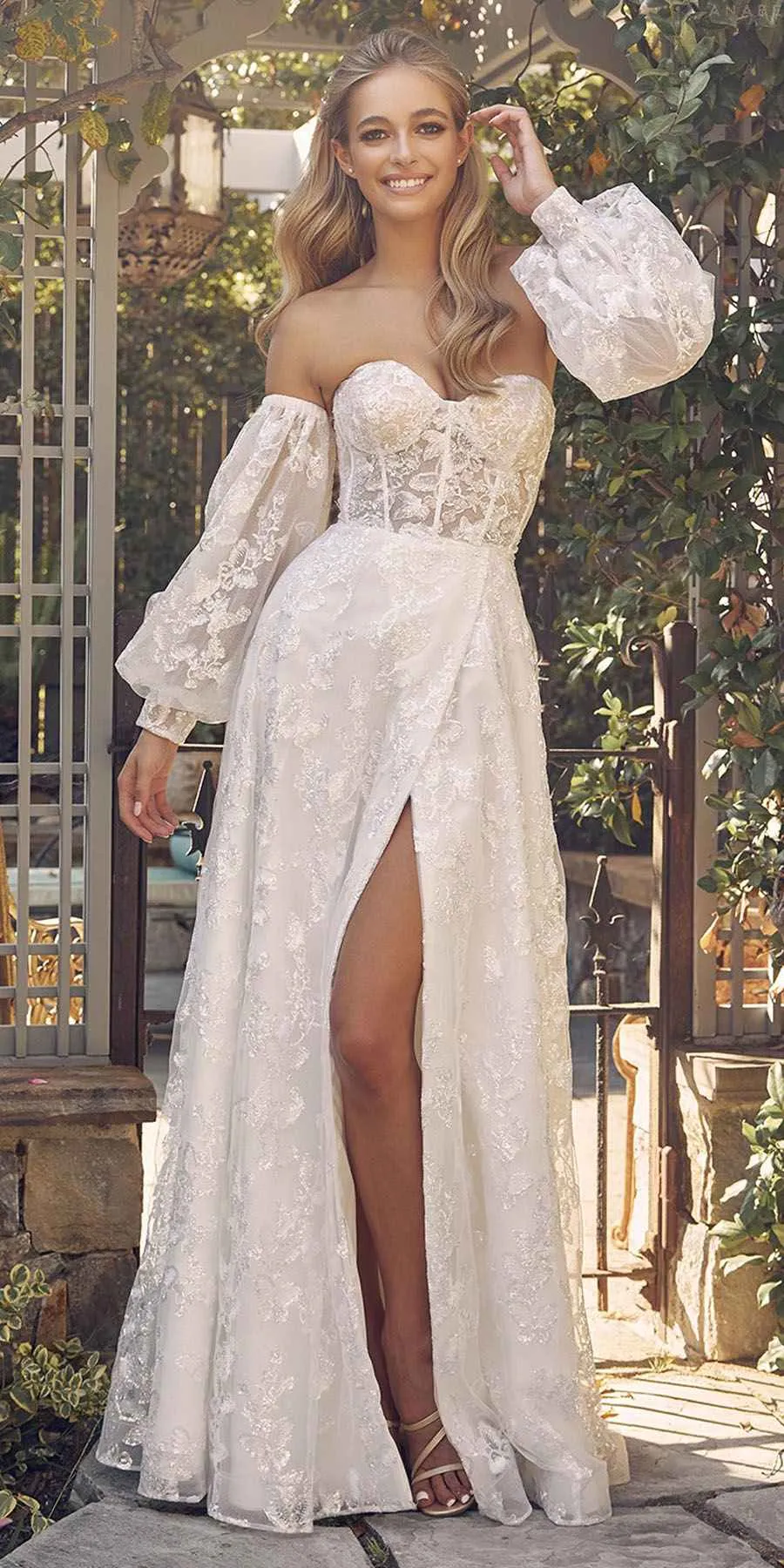 Nox Anabel K1155W Floor Length Butterfly Puff Sleeve Wedding Gown