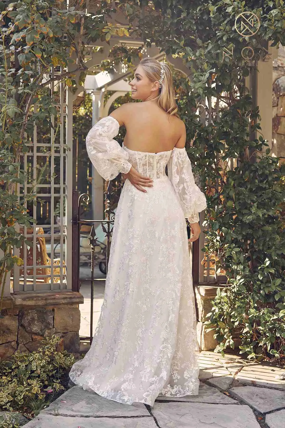 Nox Anabel K1155W Floor Length Butterfly Puff Sleeve Wedding Gown
