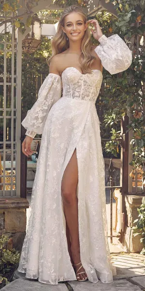 Nox Anabel K1155W Floor Length Butterfly Puff Sleeve Wedding Gown