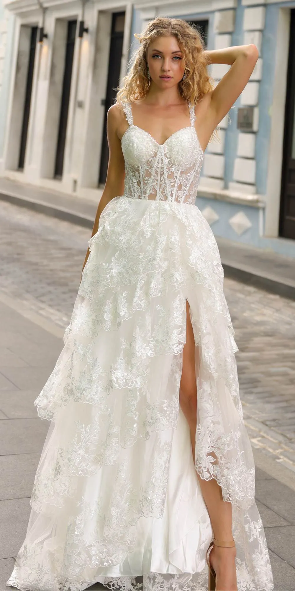 Nox Anabel T1335 Long A-Line Tiered Skirt Lace Applique Sweetheart Dress