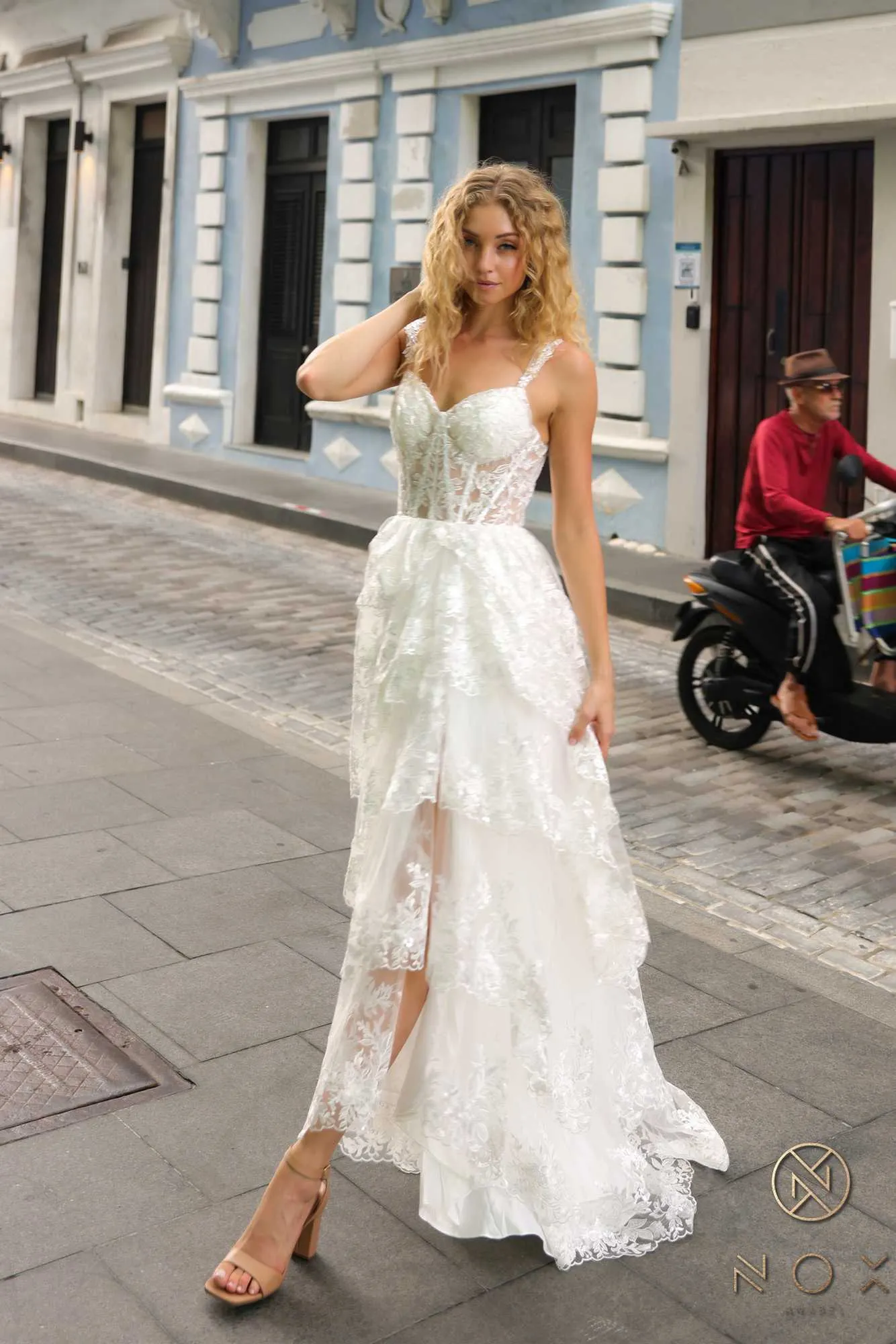 Nox Anabel T1335 Long A-Line Tiered Skirt Lace Applique Sweetheart Dress