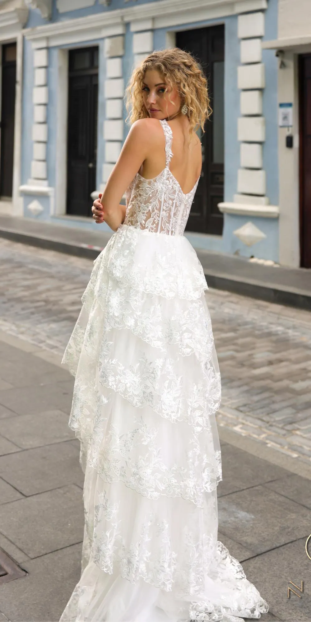Nox Anabel T1335 Long A-Line Tiered Skirt Lace Applique Sweetheart Dress