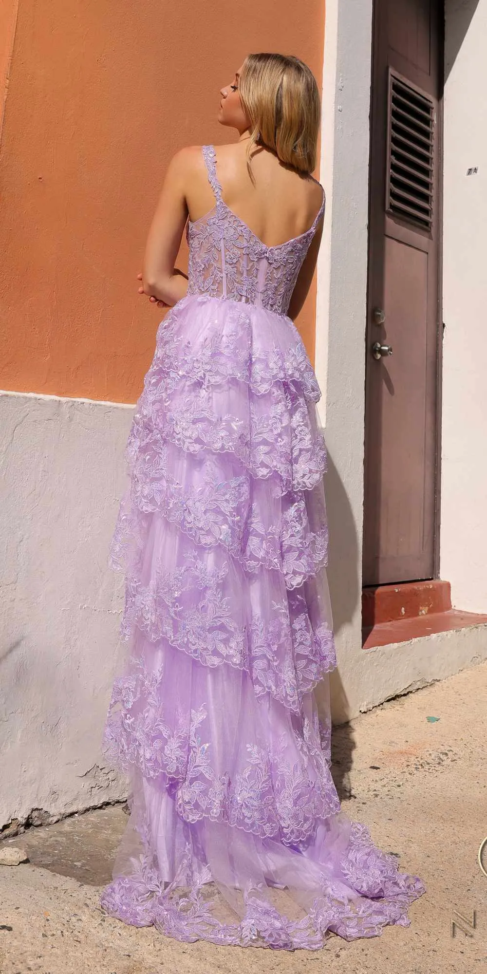 Nox Anabel T1335 Long A-Line Tiered Skirt Lace Applique Sweetheart Dress