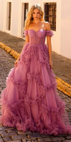 Nox Anabel Y1472 Off the Shoulder Sweetheart Boned Ruffled Skirt A-Line Gown
