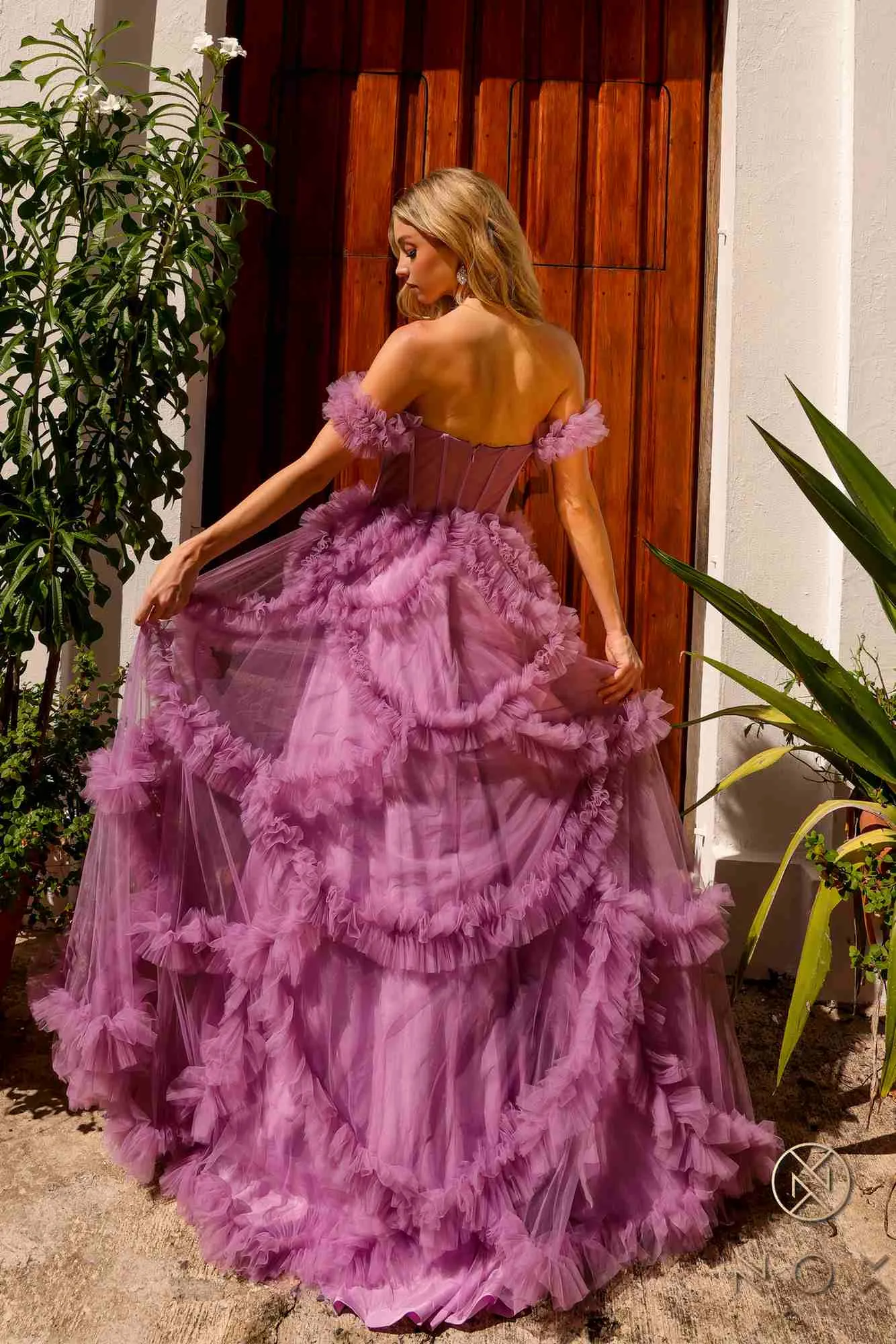 Nox Anabel Y1472 Off the Shoulder Sweetheart Boned Ruffled Skirt A-Line Gown