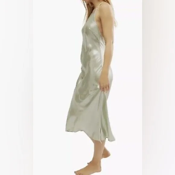 NWOT Free People Sunset Shimmer Satin Midi Slipdress Mint Green Size Medium