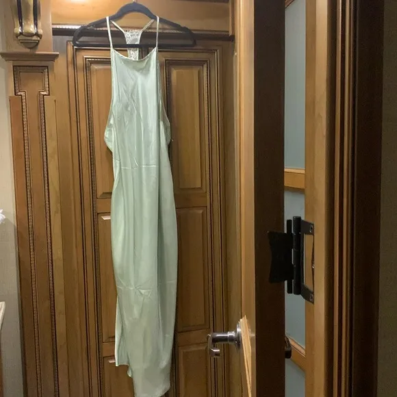 NWOT Free People Sunset Shimmer Satin Midi Slipdress Mint Green Size Medium