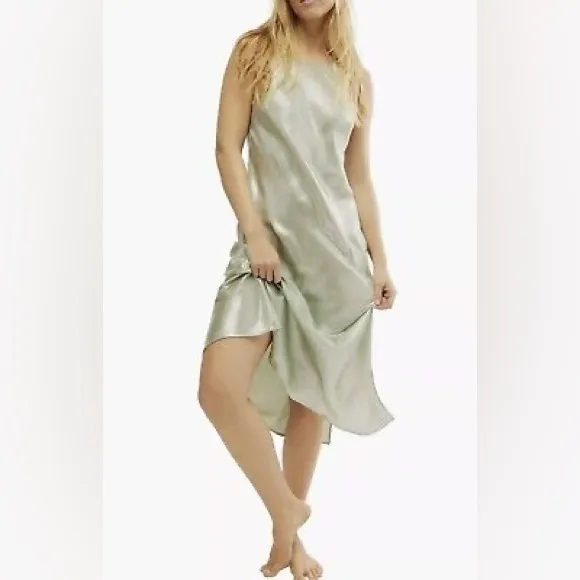 NWOT Free People Sunset Shimmer Satin Midi Slipdress Mint Green Size Medium