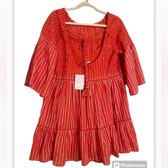 NWT Free People Lola Embroidered Mini Dress, Capri Orange, Size XS